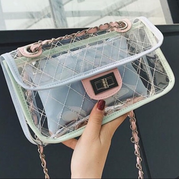 Boutique Handbags - CLEAR OR TRANSPARENT WITH PINK & MINT TRIM HANDBAG